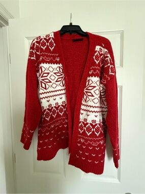 Lane Bryant Red and White Fair Isle Open Cardigan